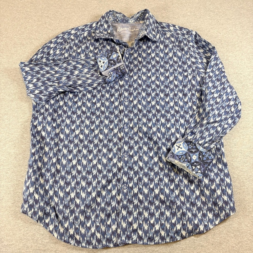 Robert Graham Button Down Shirt Mens 2XL Blue Geometric Classic Fit Houndstooth